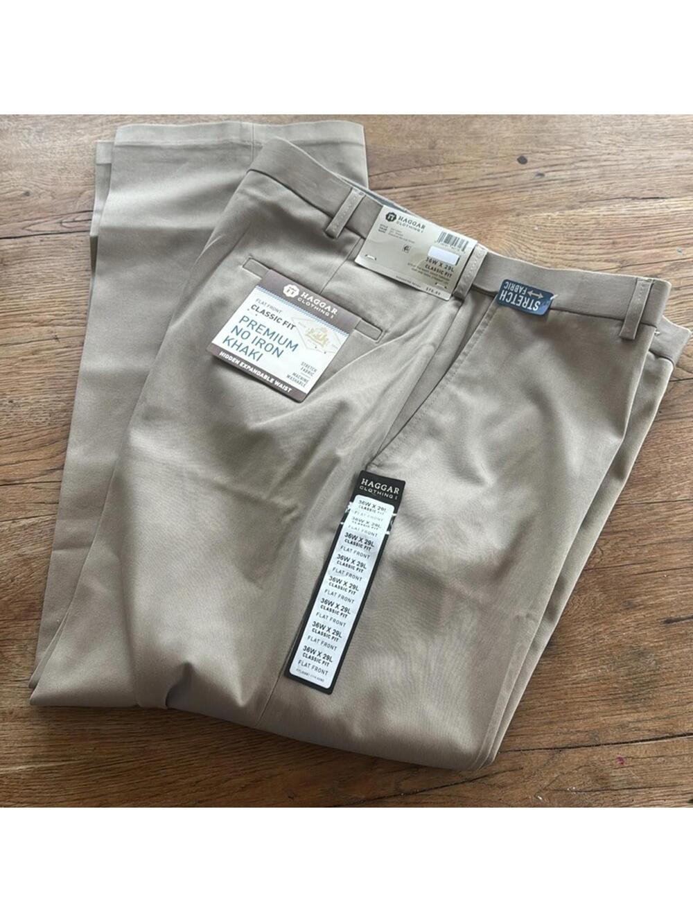 Haggar mens flat front classic fit khaki 36W NWT